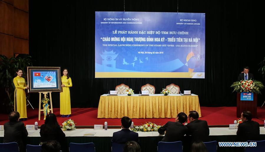 A special launching ceremony of the stamp commemorating the DPRK-USA summit is held in Hanoi, Vietnam, Feb. 26, 2019. (Xinhua/Wang Shen)