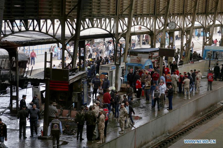 Photo taken on Feb. 27, 2019 shows the train station after a fire in Cairo, Egypt. At least 25 people were killed and more than 40 others wounded when a fire erupted inside the main train station in the city center of Egypt\'s capital Cairo on Wednesday, state-run Nile TV reported. (Xinhua/Ahmed Gomaa)