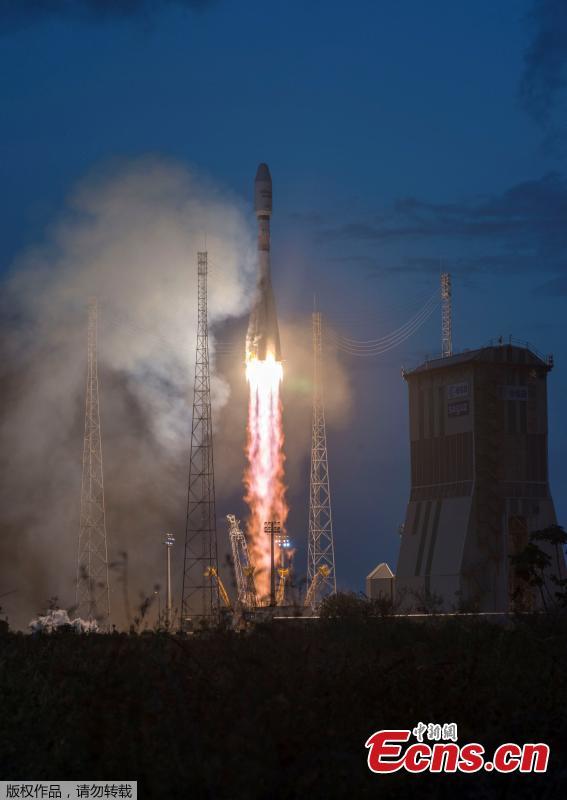 A Soyuz ST-B rocket lifted off from the Guiana Space Center with the first six OneWeb broadband satellites, Feb. 27, 2019. Arianespace, the French launch services provider declared success on the mission. The satellites launched will help OneWeb secure the Ku-band radio spectrum the network will use for global broadband services. (Photo/Agencies)