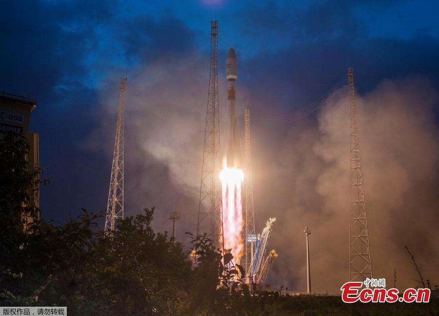 A Soyuz ST-B rocket lifted off from the Guiana Space Center with the first six OneWeb broadband satellites, Feb. 27, 2019. Arianespace, the French launch services provider declared success on the mission. The satellites launched will help OneWeb secure the Ku-band radio spectrum the network will use for global broadband services. (Photo/Agencies)
