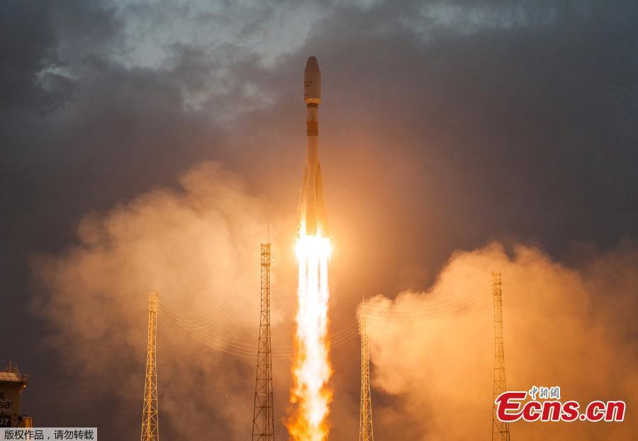 A Soyuz ST-B rocket lifted off from the Guiana Space Center with the first six OneWeb broadband satellites, Feb. 27, 2019. Arianespace, the French launch services provider declared success on the mission. The satellites launched will help OneWeb secure the Ku-band radio spectrum the network will use for global broadband services. (Photo/Agencies)