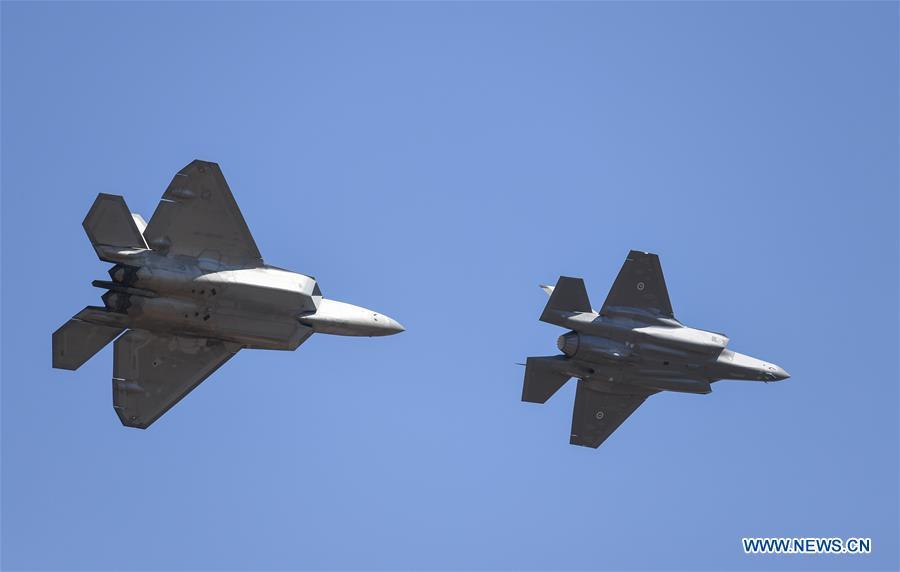 A U.S. Air Force F-22 and an Australian Defence Force F-35 perform during the Australian International Airshow and Aerospace & Defence Exposition at the Avalon Airport, Melbourne, on Feb. 28, 2019. (Xinhua/Bai Xuefei)