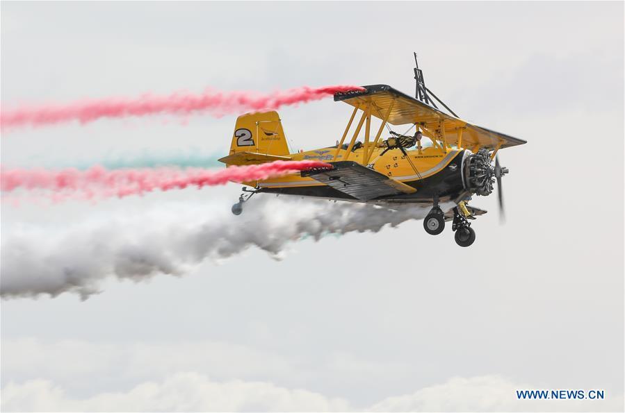 Scandinavian Airshow aerobatic team perform during the Australian International Airshow and Aerospace & Defence Exposition at the Avalon Airport, Melbourne, Feb. 28, 2019. (Xinhua/Bai Xuefei)