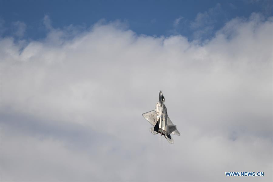 A U.S. Air Force F-22 flies during the Australian International Airshow and Aerospace & Defence Exposition at the Avalon Airport, Melbourne, on Feb. 28, 2019. (Xinhua/Bai Xuefei)