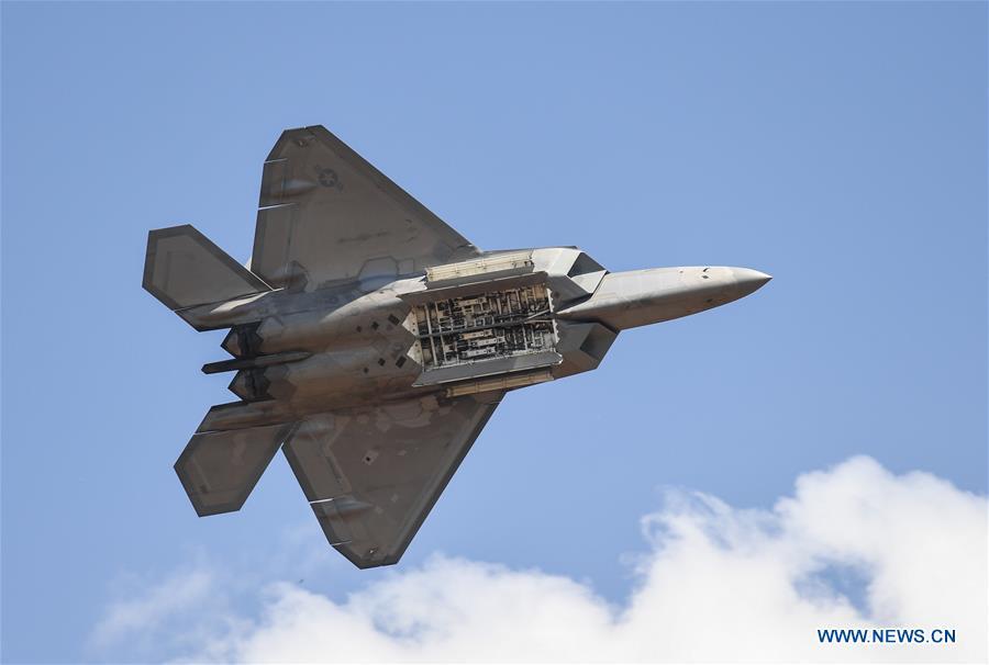 A U.S. Air Force F-22 flies during the Australian International Airshow and Aerospace & Defence Exposition at the Avalon Airport, Melbourne, on Feb. 28, 2019. (Xinhua/Bai Xuefei)