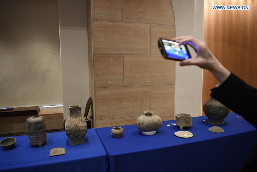 Photo taken on Feb. 28, 2019 shows relics during a repatriation event held in the Eiteljorg Museum of Indianapolis, capital city of state of Indiana, the United States. The United States announced the repatriation of 361 pieces of Chinese relics and artifacts to China at a ceremony on Thursday. (Xinhua/Liu Jie)