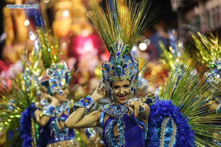Revellers from a samba school perform during the carnival parade in Sao Paulo, Brazil, March 2, 2019. (Xinhua/Rahel Patrasso)