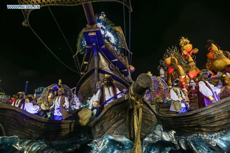Revellers from a samba school perform during the carnival parade in Sao Paulo, Brazil, March 2, 2019. (Xinhua/Rahel Patrasso)