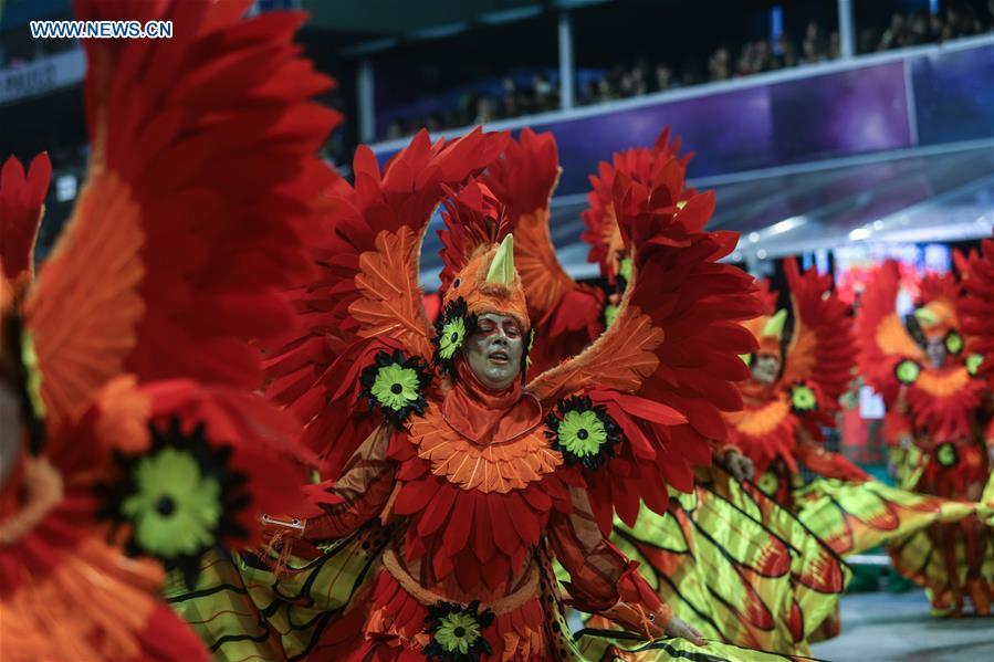 A reveller from a samba school performs during the carnival parade in Sao Paulo, Brazil, March 3, 2019. (Xinhua/Rahel Patrasso)