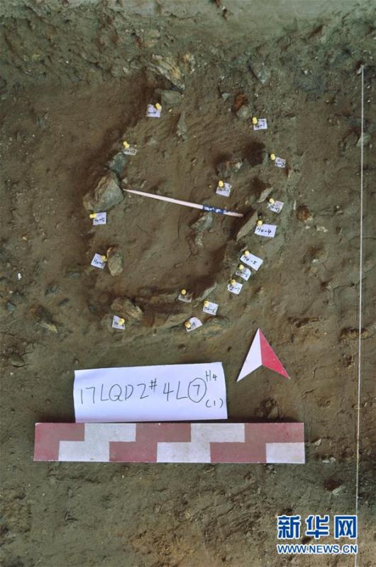 The remains of a fire pit excavated at the Longquan Cave, an early Upper Paleolithic site in Central China\'s Henan Province. Archeologists have found remains of ash and fire pits in the cave, evidence of the use of fires some 40,000 years ago. The discovery was selected as a top archaeological finding in 2018 in the province. (Photo/Xinhua)