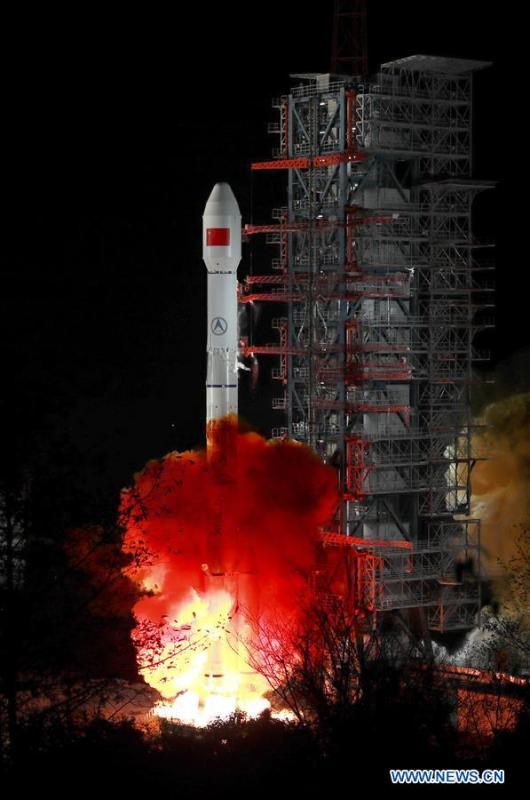 A Zhongxing-2D satellite is launched into space on a Long March-3B carrier rocket from the Xichang Satellite Launch Center in Sichuan Province at 1:11 a.m., Jan. 11, 2019. The China Manned Space Engineering Office (CMSEO) announced Monday that the core module of the country\'s space station, the Long March-5B carrier rocket and its payloads will be sent to the launch site in the second half of this year, to make preparations for the space station missions. China is scheduled to complete the construction of the space station around 2022. It will be the country\'s space lab in long-term stable in-orbit operation. (Xinhua/Liang Keyan)