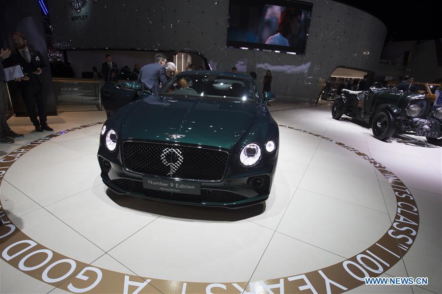 Photo taken on March 5, 2019 shows the new Bentley Continental GT Number 9 Edition at the 89th Geneva International Motor Show in Geneva, Switzerland. The Motor Show will open to the public from March 7 to March 17. (Xinhua/Xu Jinquan)