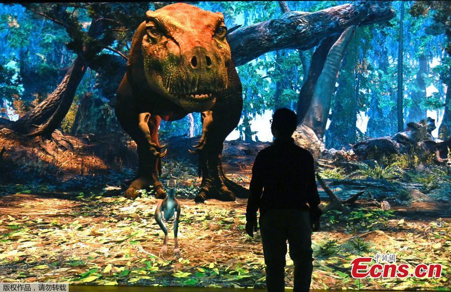 A man plays with an interactive screen featuring a Tyrannosaurus rex, during media preview, March 5, 2019. \