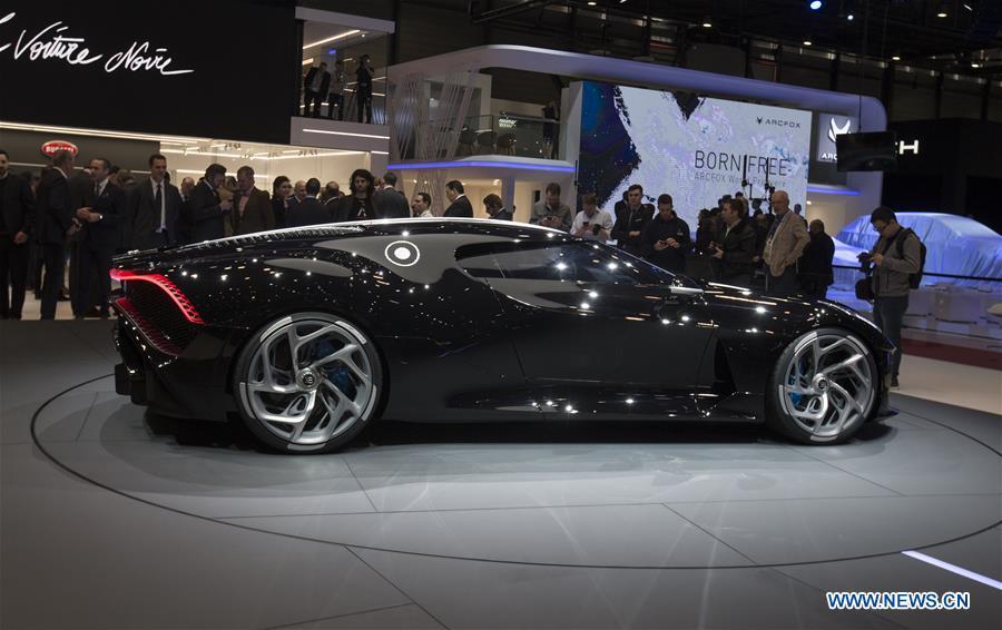 Photo taken on March 5, 2019 shows the new Bugatti La Voiture Noire at the 89th Geneva International Motor Show in Geneva, Switzerland. The Motor Show will open to the public from March 7 to March 17. (Xinhua/Xu Jinquan)
