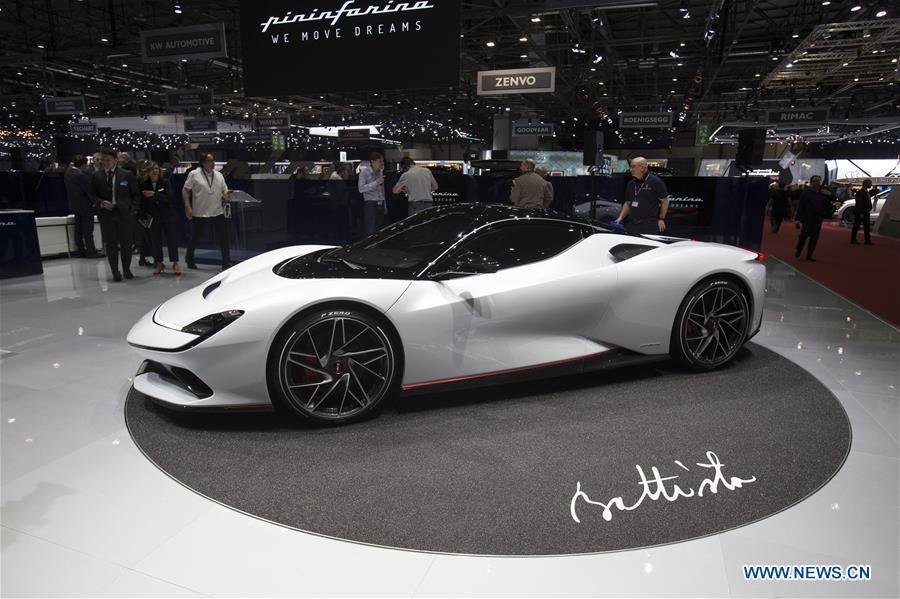 Photo taken on March 5, 2019 shows the new Pininfarina Battista at the 89th Geneva International Motor Show in Geneva, Switzerland. The Motor Show will open to the public from March 7 to March 17. (Xinhua/Xu Jinquan)