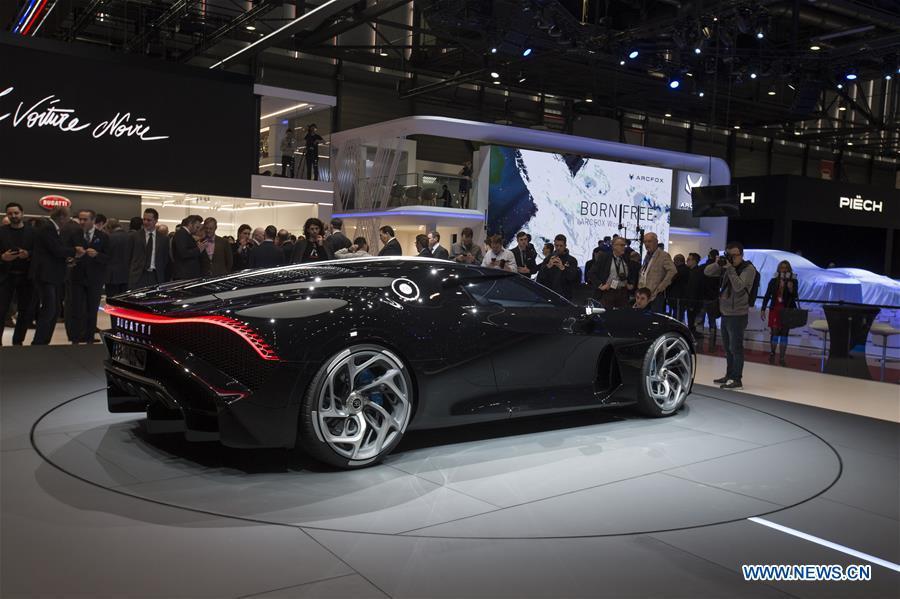 A Bugatti La Voiture Noire is seen on the first press day of the 89th Geneva International Motor Show in Geneva, Switzerland, on March 5, 2019. Featuring about 220 world exhibitors, the 89th Geneva International Motor Show will be opened to the public from March 7 to 17. (Xinhua/Xu Jinquan)