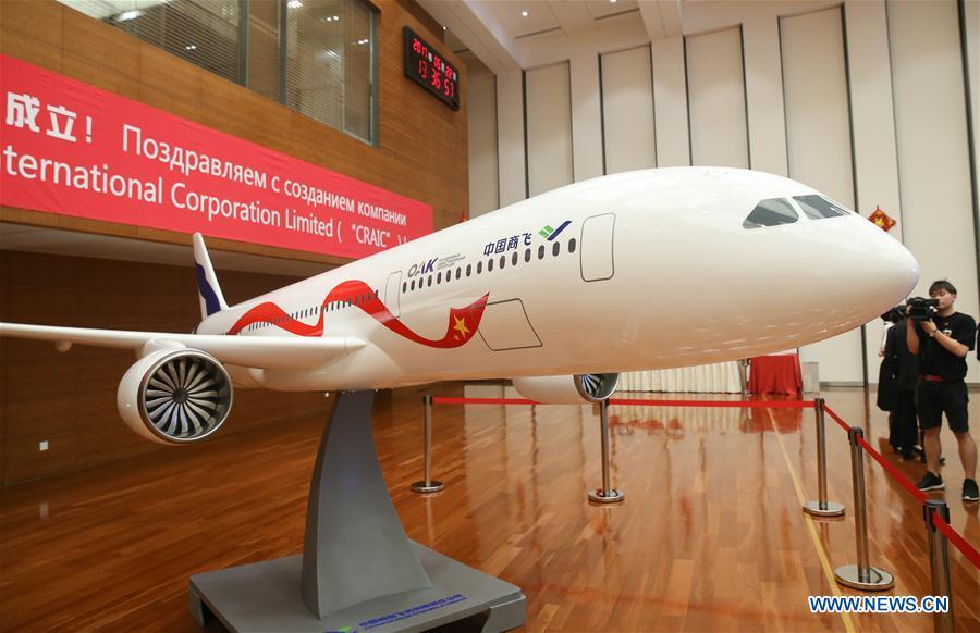A model of a wide-body passenger jet is seen at the inauguration ceremony of the Shanghai-based China-Russia Commercial Aircraft International Co., Ltd (CRAIC) in Shanghai, east China, May 22, 2017. (Xinhua/Ding Ting)
