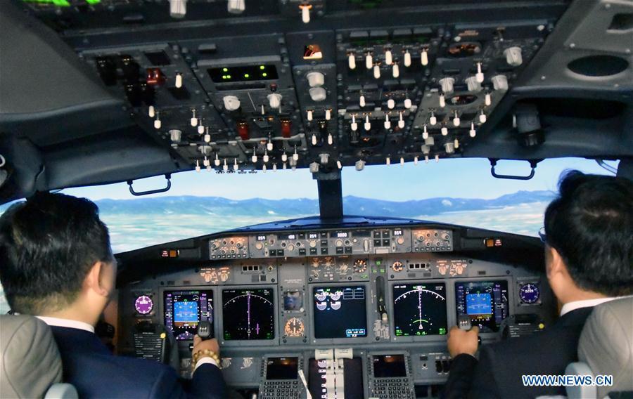 Photo taken on July 17, 2017 shows the interior scene of the flight simulator, delivered by ACCEL (Tianjin) Flight Simulation, a joint Sino-U.S. venture between Haite High-Tech and Rockwell Collins, in Tianjin, north China. (Xinhua/Mao Zhenhua)