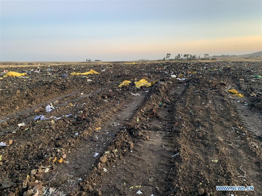 Life jackets from an Ethiopian Airlines\' aircraft are seen at the crash site, some 50 km east of Addis Ababa, capital of Ethiopia, on March 10, 2019. All 157 people aboard Ethiopian Airlines flight were confirmed dead as Africa\'s fastest growing airline witnessed the worst-ever incident in its history. The incident on Sunday, which involved a Boeing 737-800 MAX, occurred a few minutes after the aircraft took off from Addis Ababa Bole International Airport to Nairobi, Kenya. It crashed around Bishoftu town, the airline said. (Xinhua/Wang Shoubao)