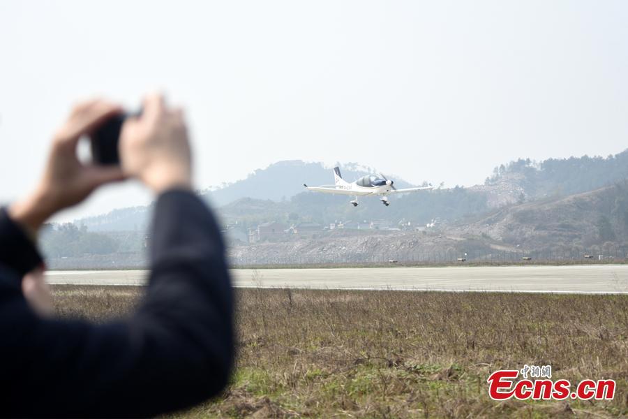 An aircraft developed by Guanyi General Aviation undergoes a test flight at Hengdian Airport in Zhejiang Province, March 11, 2019. The private company said independent intellectual property rights had been secured for the general-purpose aircraft GA20.  The 30-minute test flight showed the aircraft flew smoothly and landed safely. (Photo provided to China News Service)
