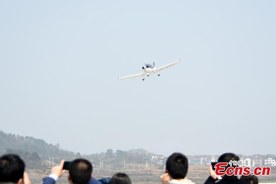 An aircraft developed by Guanyi General Aviation undergoes a test flight at Hengdian Airport in Zhejiang Province, March 11, 2019. The private company said independent intellectual property rights had been secured for the general-purpose aircraft GA20. The 30-minute test flight showed the aircraft flew smoothly and landed safely. (Photo provided to China News Service)