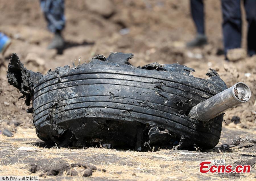 An aeroplane tyre is seen at the scene of the Ethiopian Airlines Flight ET 302 plane crash, near the town of Bishoftu, southeast of Addis Ababa, Ethiopia March 11, 2019. Two flight data recorders from Ethiopian Airlines Flight ET302 were found Monday. (Photo/Agencies)