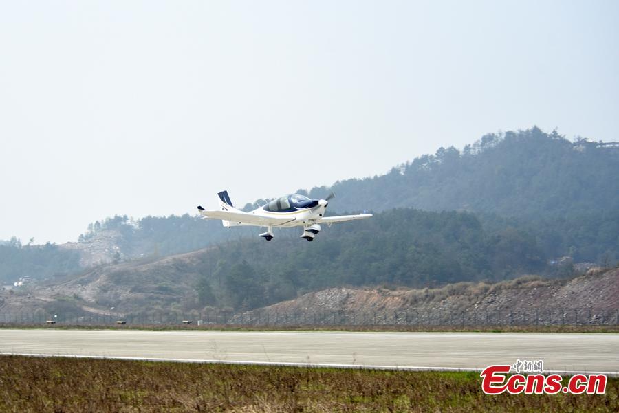 An aircraft developed by Guanyi General Aviation undergoes a test flight at Hengdian Airport in Zhejiang Province, March 11, 2019. The private company said independent intellectual property rights had been secured for the general-purpose aircraft GA20.  The 30-minute test flight showed the aircraft flew smoothly and landed safely. (Photo provided to China News Service)