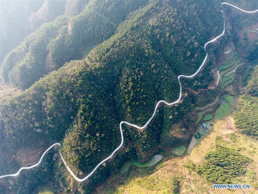 Aerial Photo taken on March 12, 2019 shows the winding concrete road from Sebian Village to Gaobang Village in Langdong Township, Rongjiang County, southwest China\'s Guizhou Province. The concrete road project in Guizhou was launched in August, 2017. Up to now, Guizhou has seen 77,700 kilometers of rural roads built or renovated with nearly 40,000 villages connected by concrete roads. Tens of millions of rural people benefit from the project.(Xinhua/Wang Bingzhen)