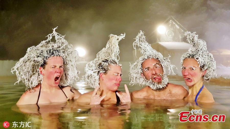 Photo shows the Best Group winner in Hair Freezing Contest 2019. (Photo/IC)
 
People from around the world took part in a hair freezing contest in Whitehorse, Yukon, Canada on February 13, 2019. They entered hot springs between 36 and 42 degrees Celsius and then fashioned their hair into rigid shapes as the water froze it solid.