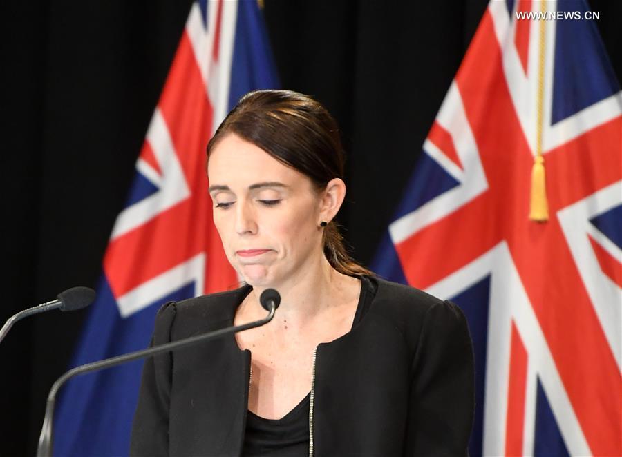 New Zealand Prime Minister Jacinda Ardern reacts during a briefing in Wellington, capital of New Zealand, on March 16, 2019. Jacinda Ardern reiterated to the public on Saturday morning that the country\'s gun law will be changed. Gunmen opened fire in two separate mosques in Christchurch on Friday, killing 49 people and wounding 48 others. (Xinhua/Guo Lei)