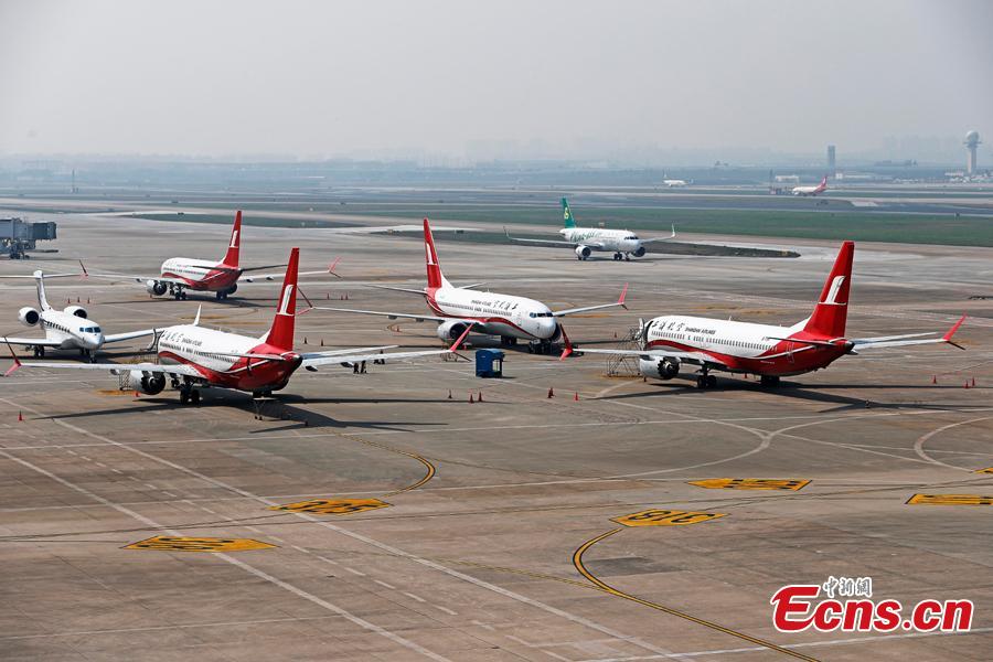 Boeing 737 MAX planes of Shanghai Airlines are grounded at Hongqiao International Airport in Shanghai, March 17, 2019. Boeing Co said on Friday its software upgrade for the grounded 737 MAX jetliner will be rolled out in the coming weeks. (Photo: China News Service/Yin Liqin)