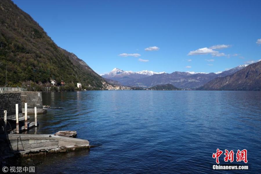 Photo taken on March 19, 2019 shows how the water level in Lake Como has declined due to climate change. Now 21 percent lower than usual, the lake popular with tourists is short about 95 million cubic meters of water.(Photo/VCG)