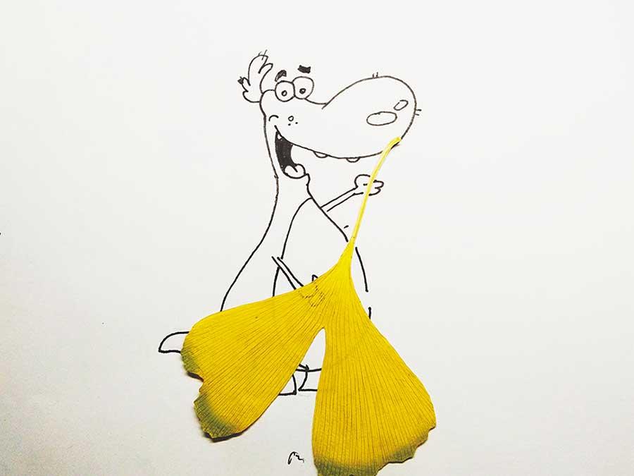 The yellow ginkgo leaf becomes a broom in the creative painting created by students from Lanzhou Jiaotong University in Northwest China\'s Gansu Province, March 2019.  (Photo provided to chinadaily.com.cn)