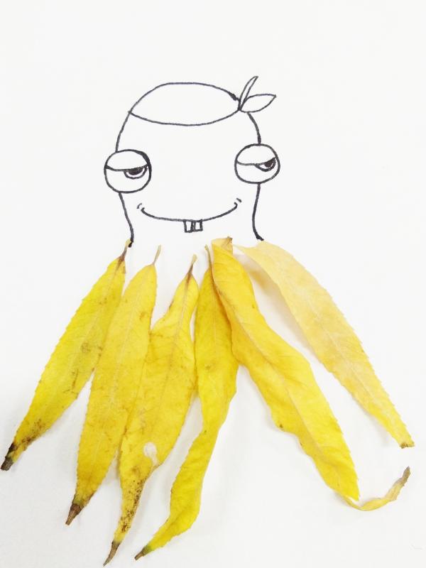Long yellow leaves look like the octopus legs in the creative painting created by students from Lanzhou Jiaotong University in Northwest China\'s Gansu Province, March 2019.  (Photo provided to chinadaily.com.cn)
