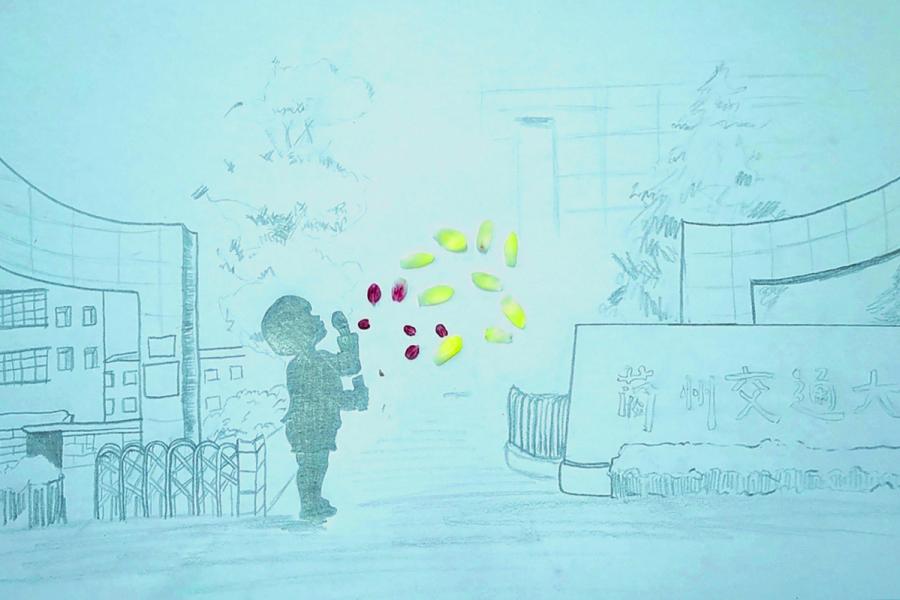 Little red and yellow petals make up the bubbles blown by a child in the creative painting created by students from Lanzhou Jiaotong University in Northwest China\'s Gansu Province, March 2019.  (Photo provided to chinadaily.com.cn)