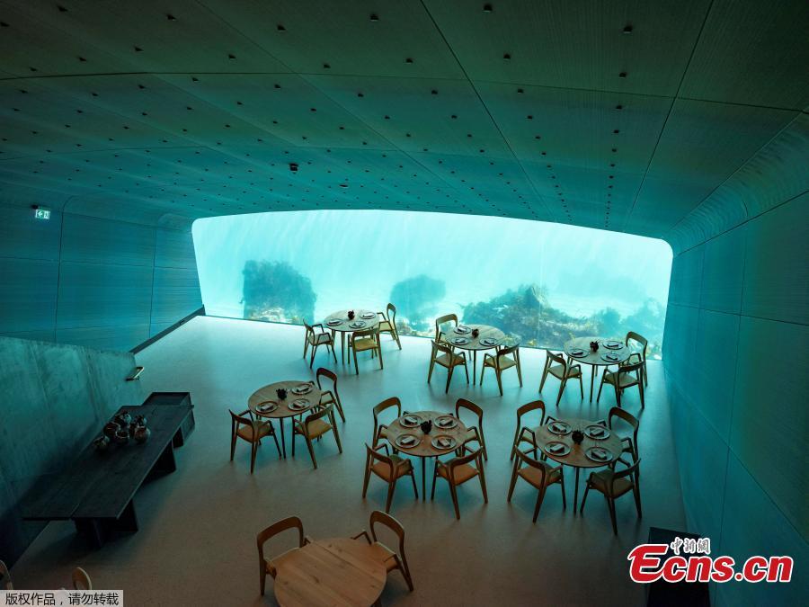 Photo shows the interior view of the restaurant named Under, that is semi-submerged beneath the waters of the North Atlantic in Lindesnes near Kristiansand in Oslo, Norway, March 19, 2019. (Photo/Agencies)

A large, 36-foot wide acrylic glass window will offer underwater views to about 100 seating guests to look through into the sea. Under, Europe\'s first underwater restaurant opens on March 19, 2019 in Norway, overlooking the Skagerrak strait.