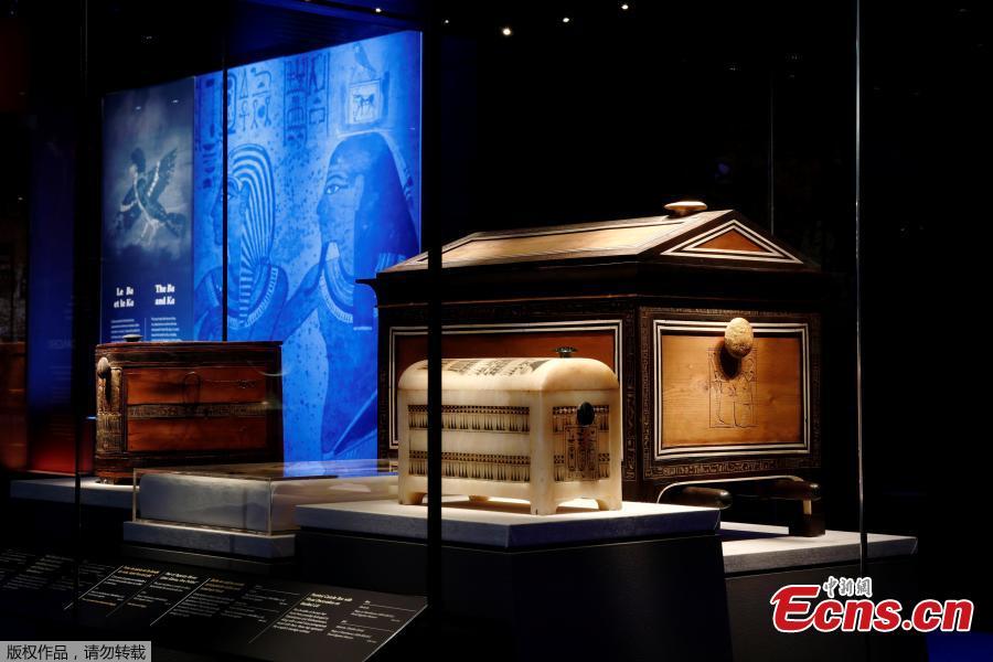 A wooden traveling chest of Tutankhamun is pictured during a press visit of the Tutankhamun, Treasures of the Golden Pharaoh exhibition, displaying more than 150 original artefacts, at the Grande Halle de la Villette in Paris, France, March 21, 2019. (Photo/Agencies)
