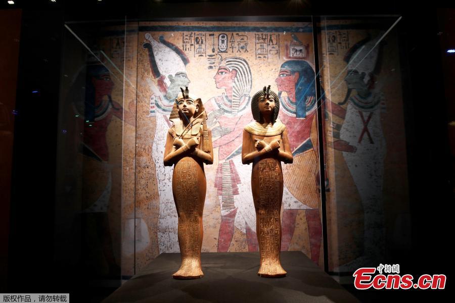 Wooden Shabti statues are pictured during a press visit of the Tutankhamun, Treasures of the Golden Pharaoh exhibition, displaying more than 150 original artefacts, at the Grande Halle de la Villette in Paris, France, March 21, 2019. (Photo/Agencies)