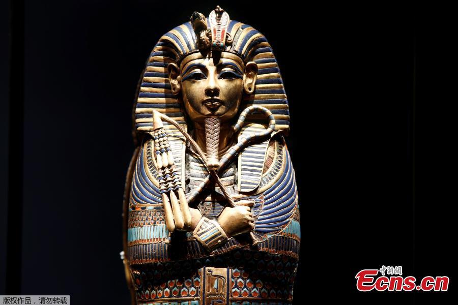 A gold inlaid coffinette of Tutankhamun is pictured during a press visit of the Tutankhamun, Treasures of the Golden Pharaoh exhibition, displaying more than 150 original artefacts, at the Grande Halle de la Villette in Paris, France, March 21, 2019. (Photo/Agencies)