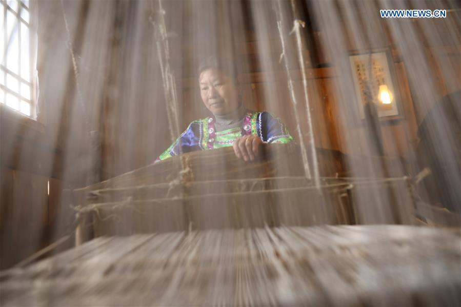 A woman of Dong ethnic group weaves cloth at Laozhai Village of Yuping Dong Autonomous county of Tongren, southwest China\'s Guizhou Province, March 23, 2019. Traditional Dong cloth making has a long history. The procedure includes planting cotton, spinning, weaving, dyeing, etc. And the cloth enjoys lasting popularity among the people of Dong ethnic group. (Xinhua/Wang Changyu)