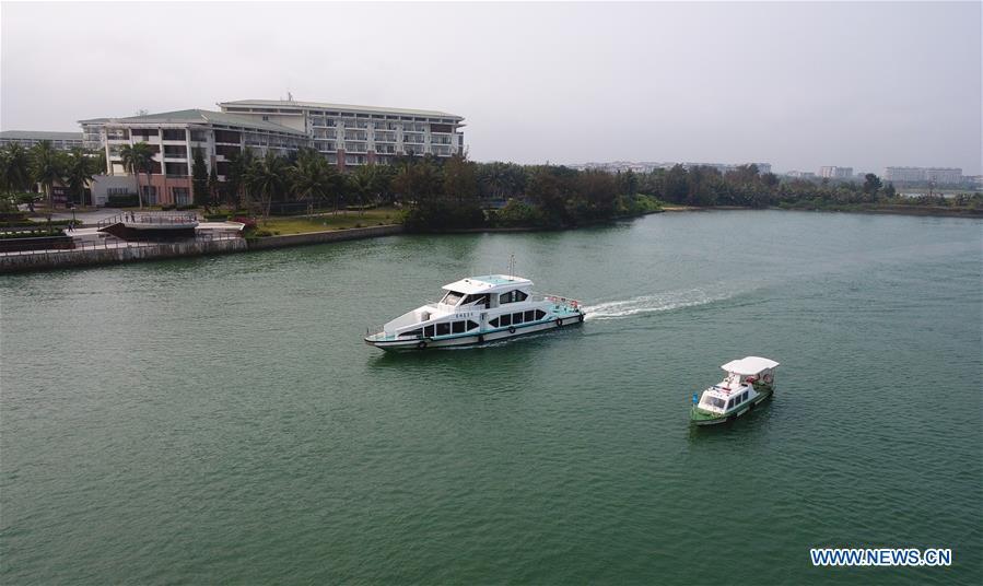 Aerial photo taken on March 13, 2019 shows ships patrolling in Boao Town of Qionghai City, south China\'s Hainan Province. The BFA annual conference will be held in Boao from March 26 to 29 under the theme of \