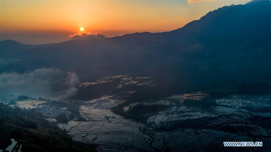 Aerial photo taken on April 3, 2019 shows Hani terraced fields in Yuanyang County, southwest China\'s Yunnan Province. (Xinhua/Hu Chao)