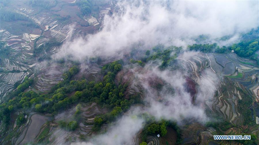 Aerial photo taken on April 3, 2019 shows Hani terraced fields in Yuanyang County, southwest China\'s Yunnan Province. (Xinhua/Hu Chao)