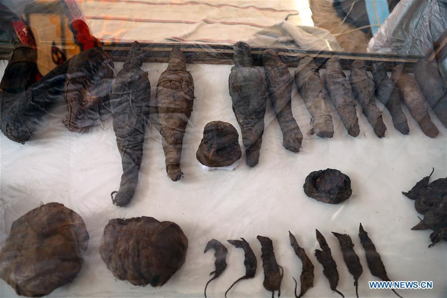 Photo taken on April 5, 2019 shows the mummies discovered in a tomb in Sohag, Egypt. The Egyptian Minister of Antiquities announced on Friday the discovery of a tomb, dating back to the Ptolemaic era which spans from 305 BC to 30 BC, in Sohag province south of the capital Cairo. (Xinhua/Ahmed Gomaa)