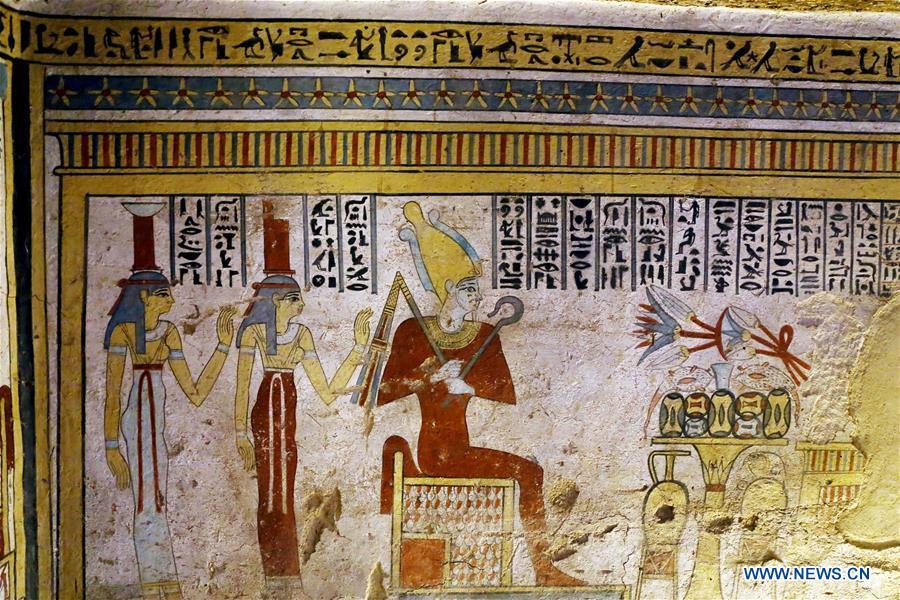 Photo taken on April 5, 2019 shows the paintings in a tomb in Sohag, Egypt. The Egyptian Minister of Antiquities announced on Friday the discovery of a tomb, dating back to the Ptolemaic era which spans from 305 BC to 30 BC, in Sohag province south of the capital Cairo. (Xinhua/Ahmed Gomaa)