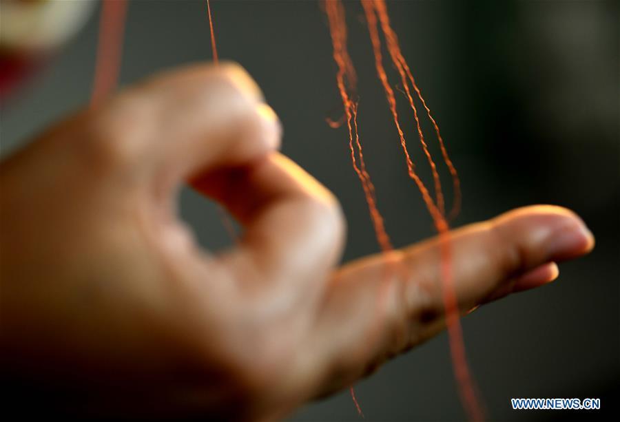 Craftswoman Liu Yuxia demonstrates embroidery skills at her studio in Qiaoxi District of Shijiazhuang, north China\'s Hebei Province, April 4, 2019. Liu Yuxia is an inheritor of Xu embroidery, which was listed as one of Shijiazhuang\'s intangible cultural heritages in 2018. Based on traditional Chinese embroidery skills, her works of unique style present the integration of Chinese and western painting techniques and photography. (Xinhua/Chen Qibao)