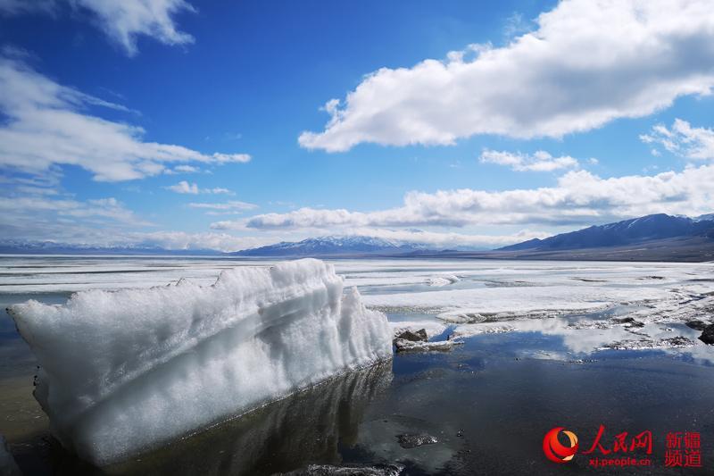 Photo shows thawing ice on the surface of Sayram Lake in northwest China\'s Xinjiang Uyghur Autonomous Region. The swans, the high mountains, the clear water and the blue sky have turned the lake into a spring fairyland.  (Photo/people.cn)