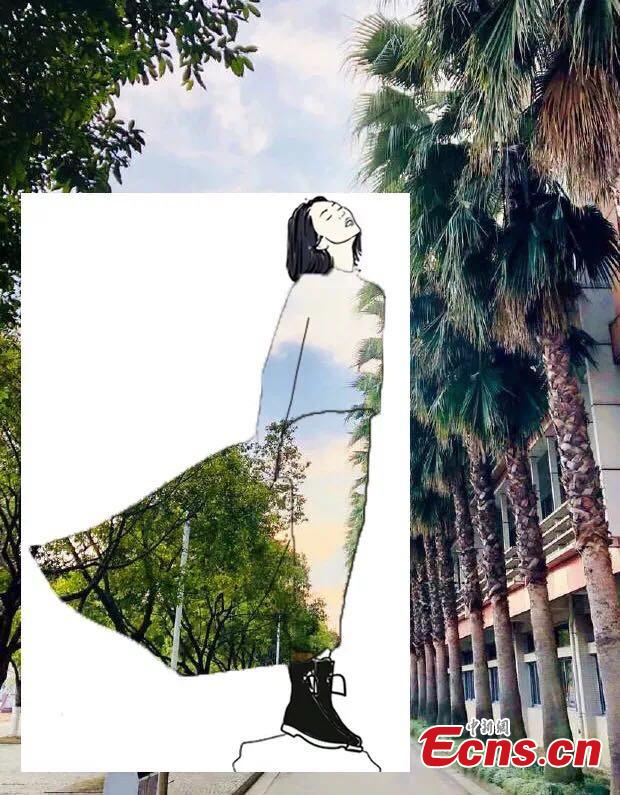 A student at Sichuan University, located in Chengdu City in Sichuan Province, has used A4 paper with artistic cuts in its center to bring the beauty of the outdoors into an image through silhouettes. The design looks like a student wearing outfits decorated with the campus\' amazing landscapes. (Photo provided to China News Service)