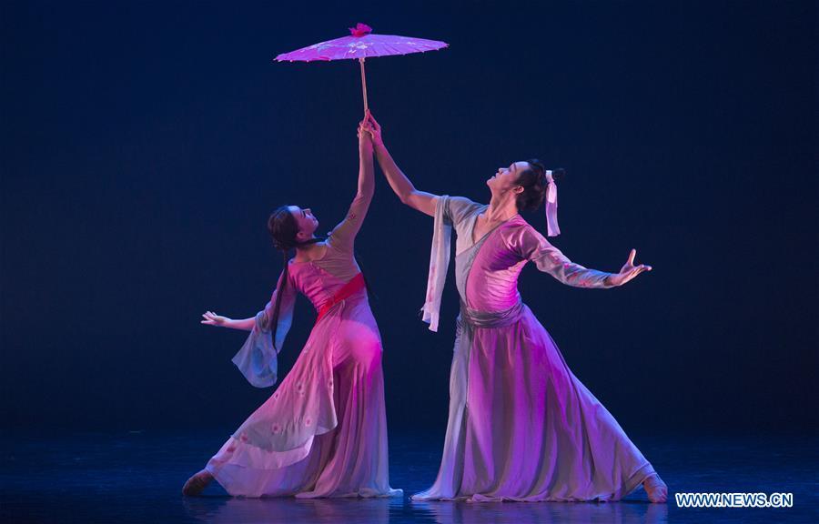 Beijing Dance Academy dancers Sun Can, Luo Jiacheng perform in the show \'\'Beauty beyond Words\'\' during the 24th International Baltic Ballet Festival at the VEF Culture Palace in Riga, Latvia, April 10, 2019. The 24th International Baltic Ballet Festival is held from March 19 to April 20. (Xinhua/Edijs Palens)