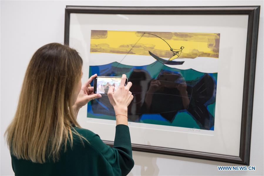 A visitor takes a photo of a creation during an exhibition \
